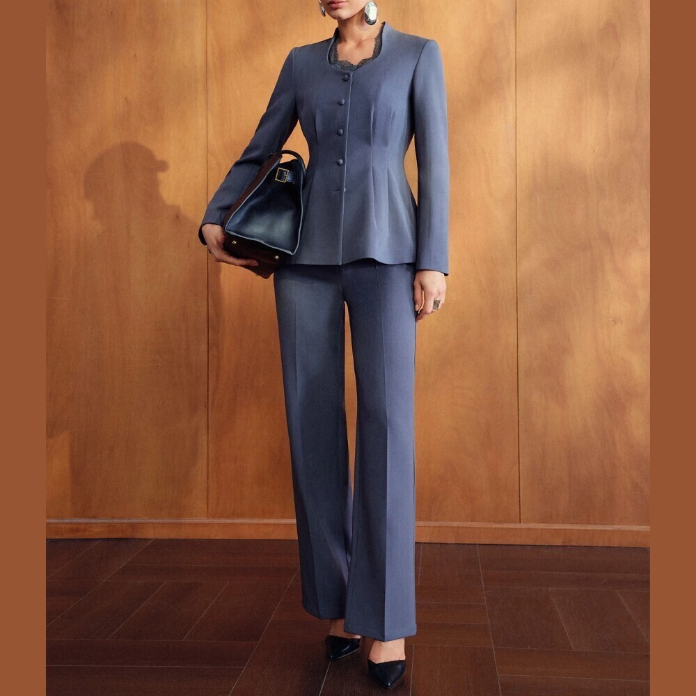 Slate Blue Lace Trim Button Front Fitted Blazer & Trouser Set